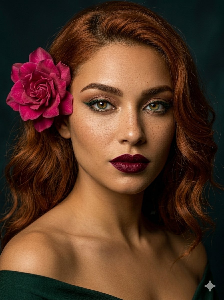 Elegant redhaired woman with vibrant magenta...