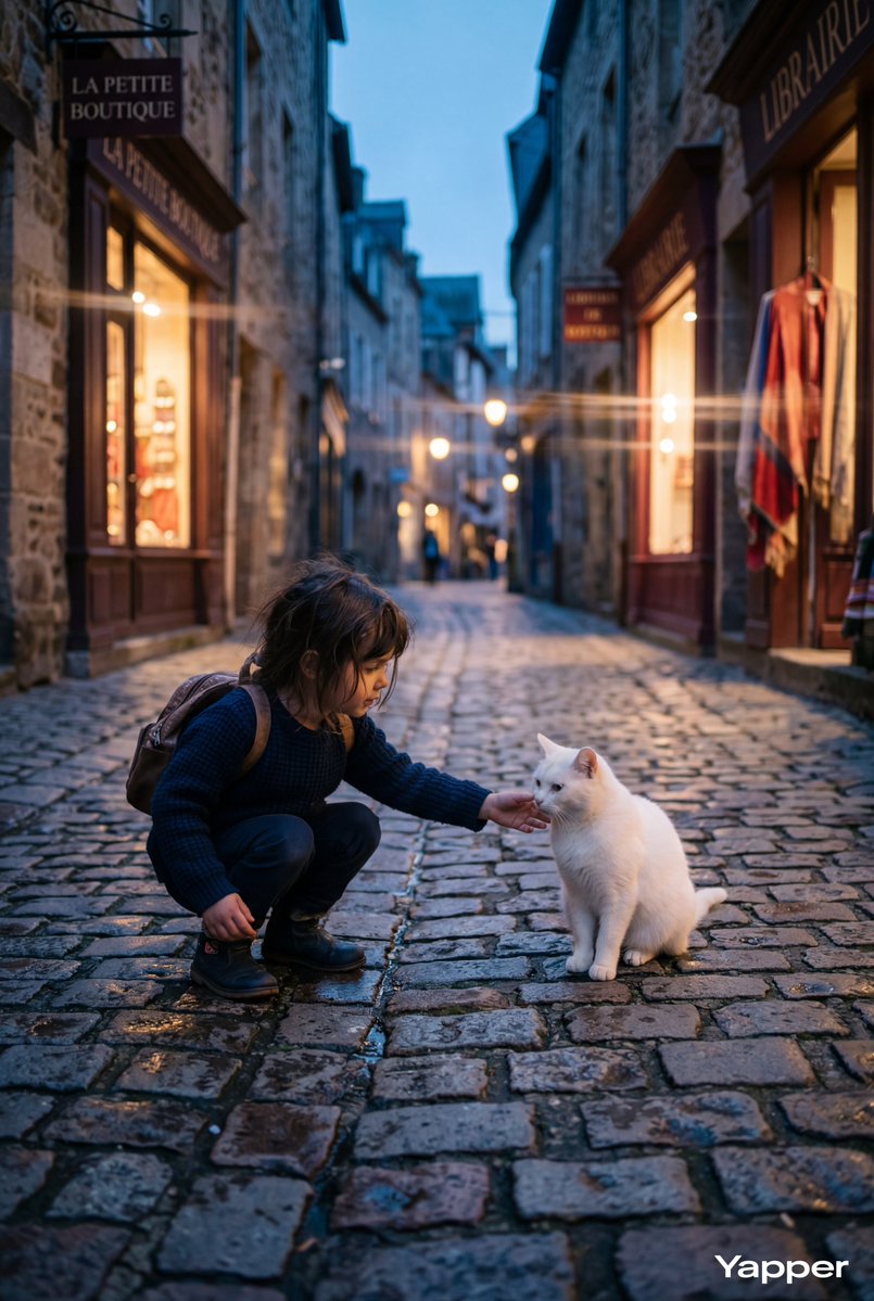 Child and white cat blue hour