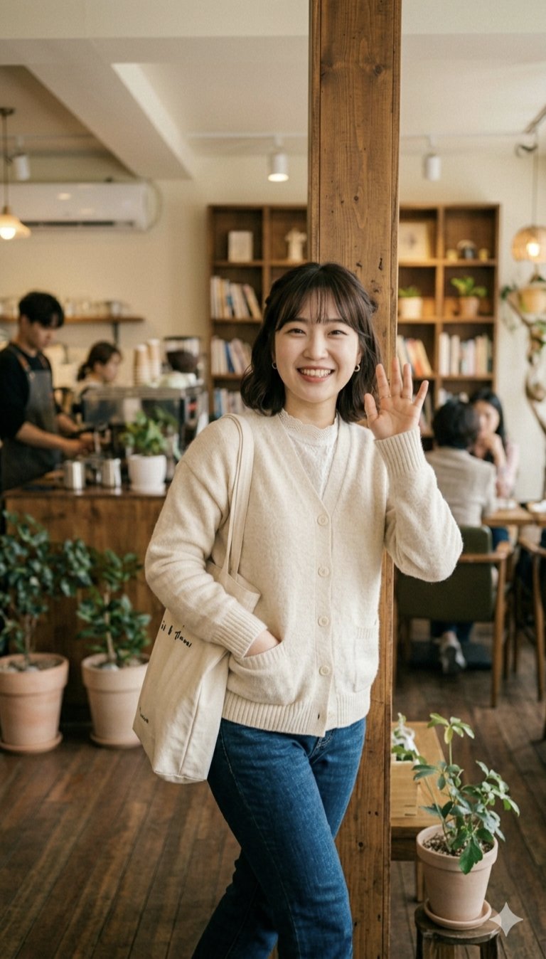 Smiling woman waving in a cozy...
