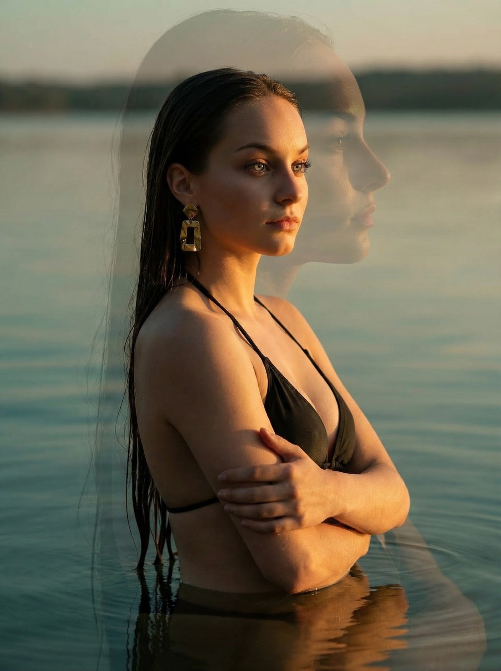 Cinematic sunset lake portrait with double exposure effect